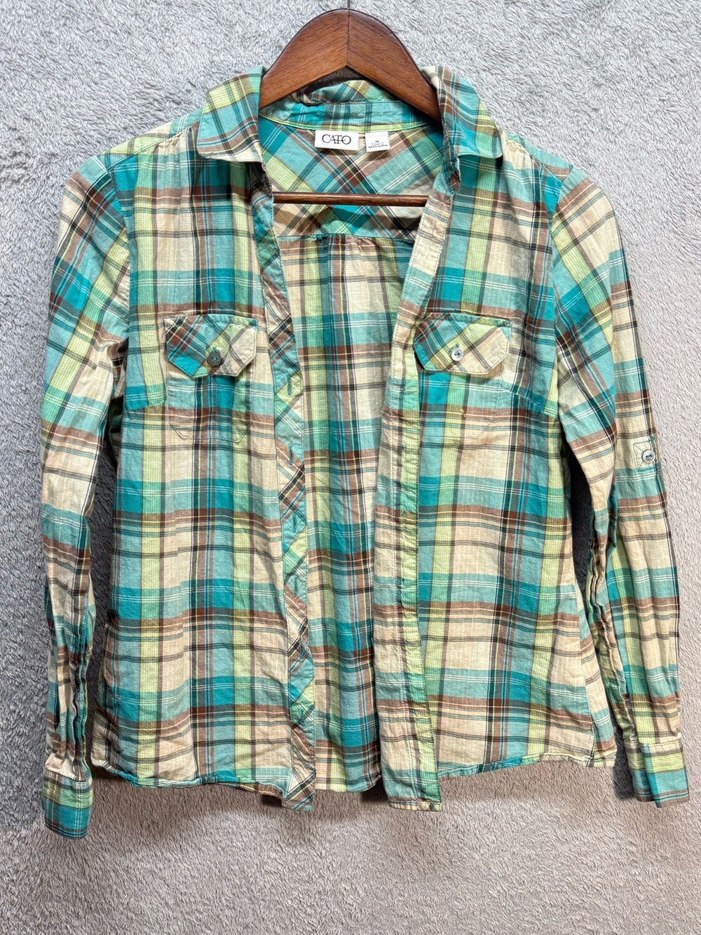 Cato Green Blue Plaid Flannel Button Down Shirt Long Sleeve Size M